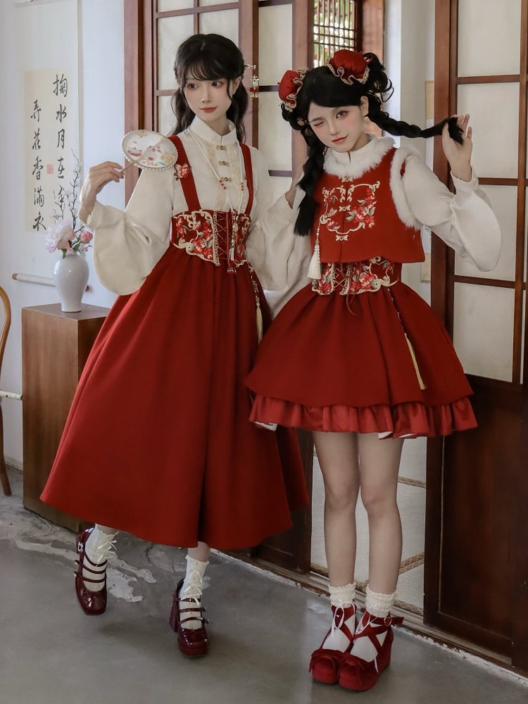 Jupe Lolita Rouge Nouvel An Courte Version Papillon et Broderie Florale Ensemble Complet