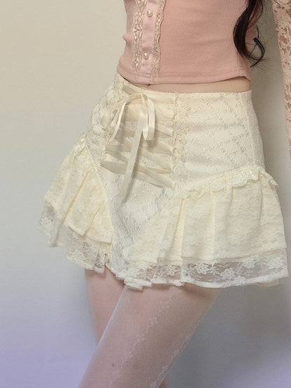 Apricot/Black Lace-up Detail Balletcore Lace Skirt