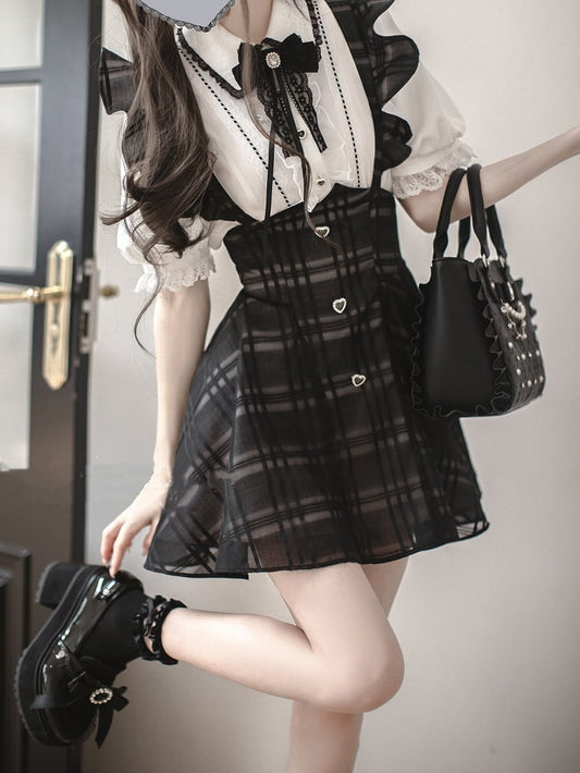 with Flutter Sleeves Waist Black Plaid Overall Dress Short Version Jirai Kei High