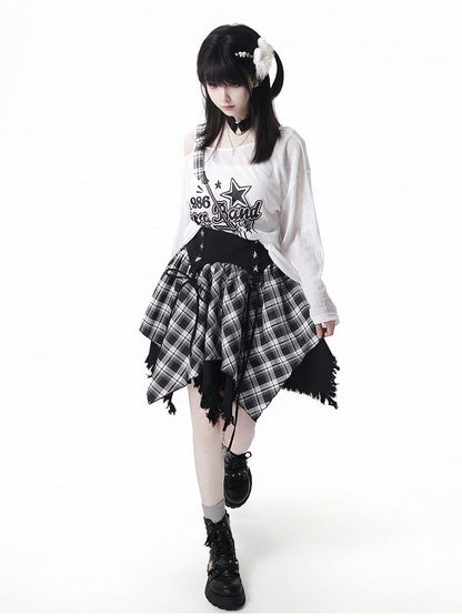 Plaid Skirt White /Black Frayed Handkerchief Hem Blue