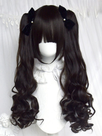 Black Short Bob Cut Wig With Full Bangs＋Double Curly Ponytail Claw Clips