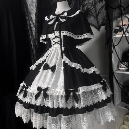 Black and White Old School Lolita Fashion Dress Bowknot Lolita JSK Set