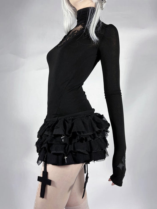 Gothic Black Coffin Cutout Crosses Adorned High Neck Long Sleeves Top main image 0