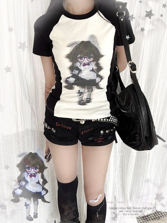 White Colorblock Design Black Anime Girl Print T-Shirt and