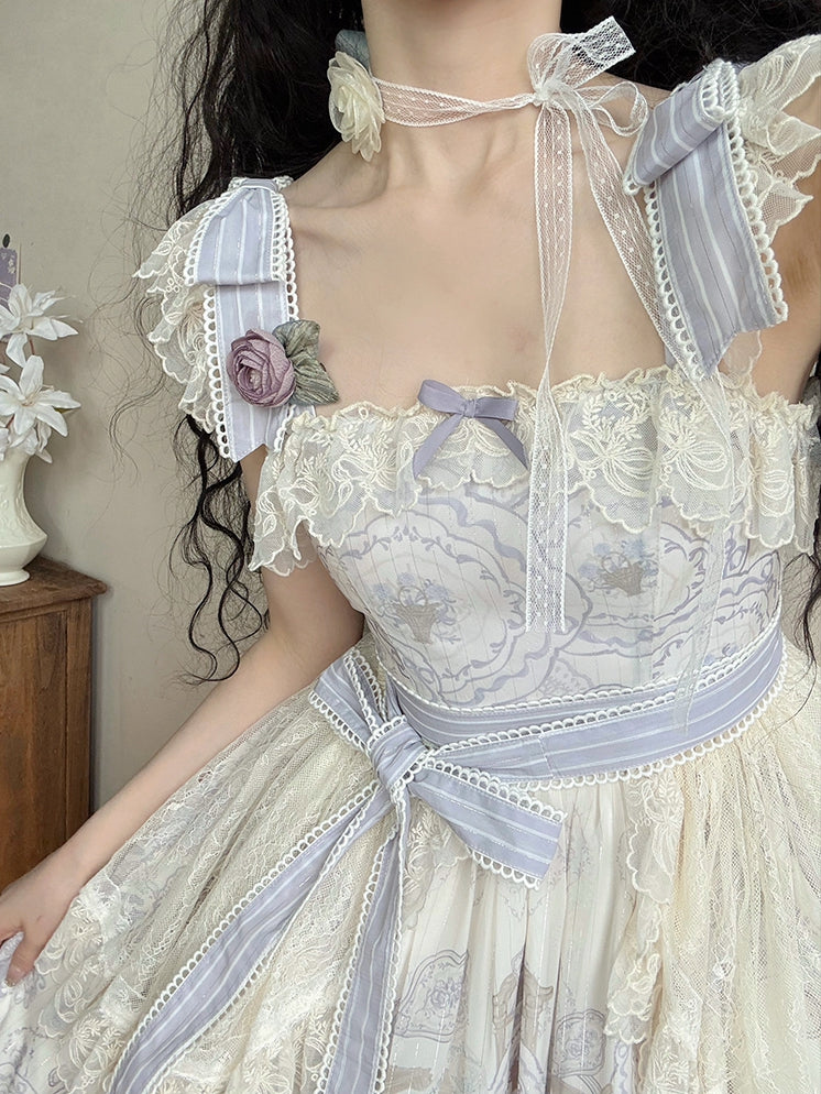 Lolita Blumenkorb Klassischer Pullover Print Kleid Blume und Rock Lila
