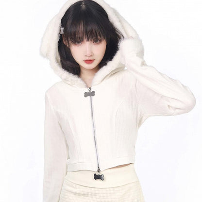 Cardigan Puppy Ears Hooded White Plush