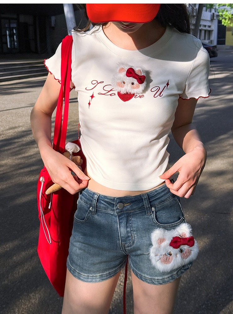 Rise Denim Shorts with Adorable Kitty Plushie Blue Low