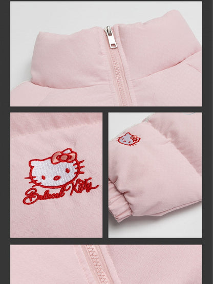 White/Pink Kitties Embroidery High Neck Puffer Jacket