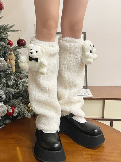 White Lolita Bear Doll Bowknot Leg Warmers