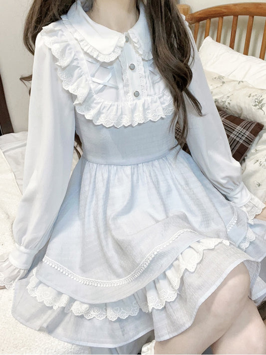 Tenshi Kaiwai Blue Peter Pan Collar Ruffled Lace Trim Jirai Kei Dress