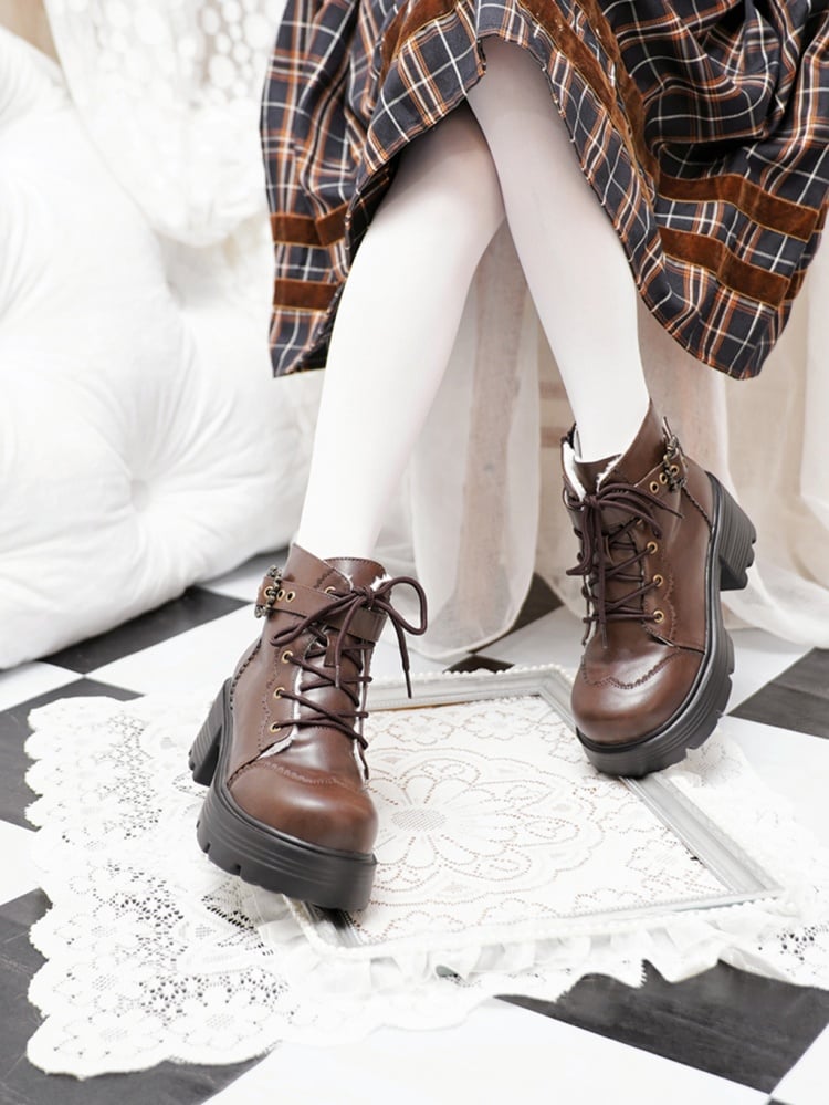 Brown Fleece Lined Bow Accent Platform Ankle Boots