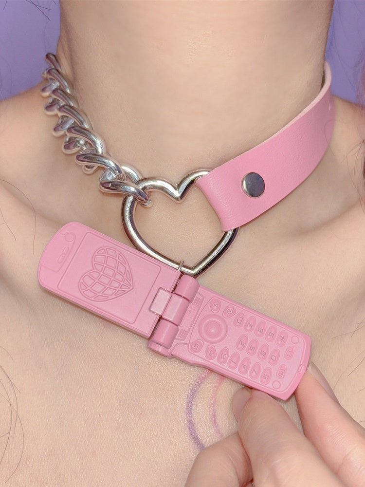 PU Pink/Silber Telefon Y2K Anhänger Choker