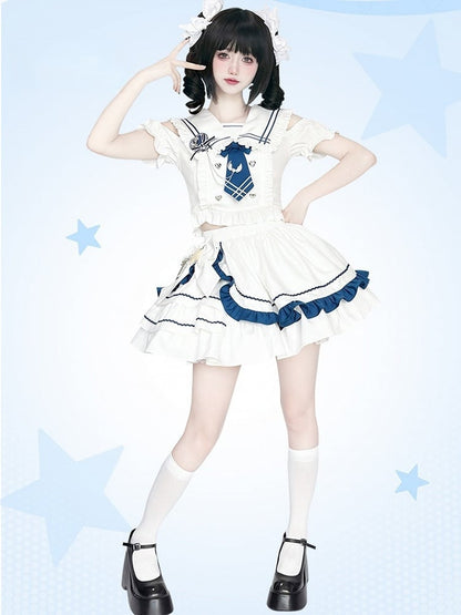 Shoulder Top Cutout Skirt White with Tiered and Sailor Collar