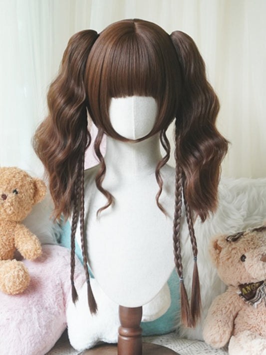Caramel Bob Cut Short Wig With Bangs＋Double Wavy Ponytail Claw Clips