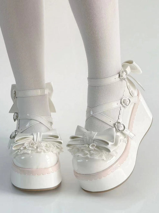 - Sweet White Lolita Multi-layer at Bow Lace Shoes Top Platform