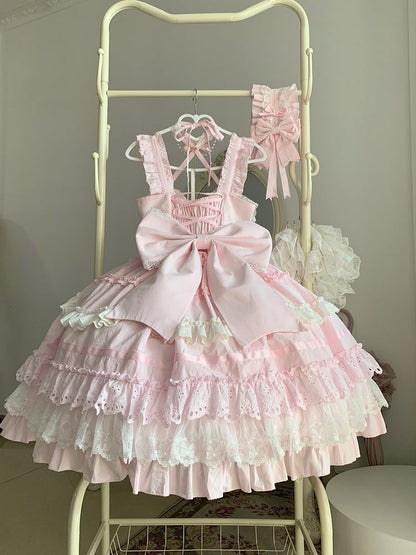 Pink and White Old School Lolita Dress Bows and Heart Shape Decoration Princess Lolita Jumper Skirt