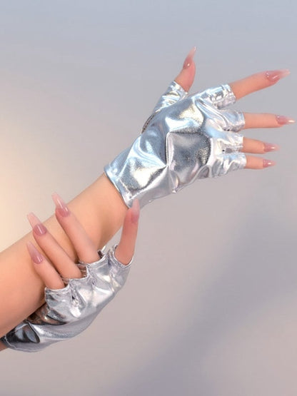 Silver Black Cyberpunk Futuristic Half Finger Gloves