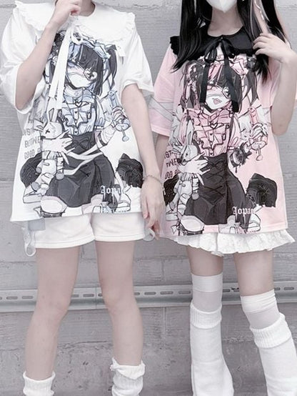 Dark with Cute Pan Anime Kawaii Detachable Yami Collar Print / Peter T-shirt: Cotton White Pink