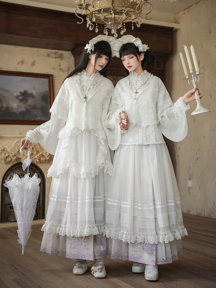 Long Skirt Floral Sleeves Purple + Lolita Print Han Horse-face and Light Blouse White Set Full Snake