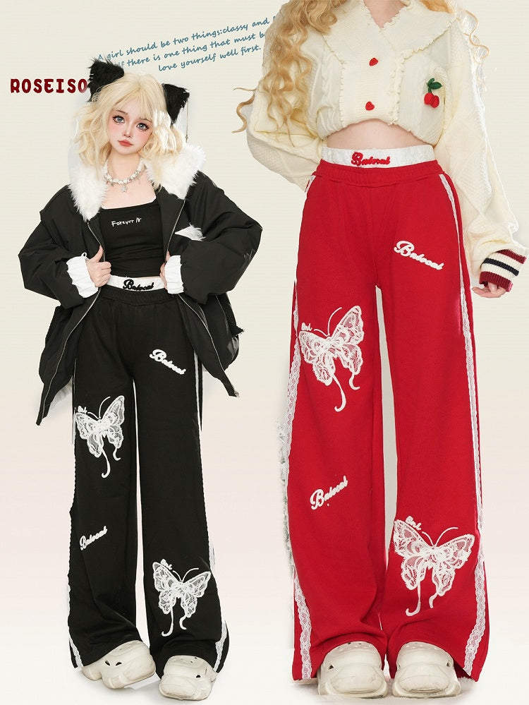 Black/Red Lace Butterflies Straight-leg Cut Pants Lace Trim