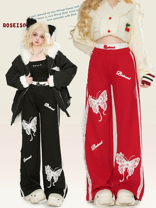 Black/Red Lace Butterflies Straight-leg Cut Pants Lace Trim