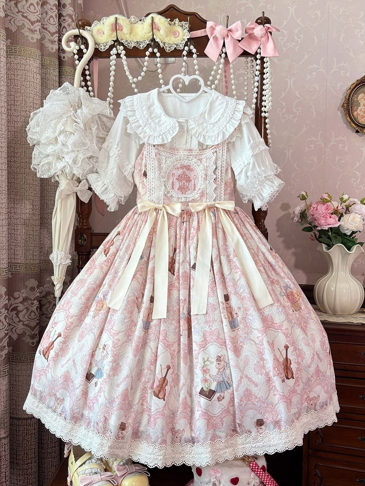 Light High Violin Lolita Bunny and Yellow Waist Print Dress Sweet JSK