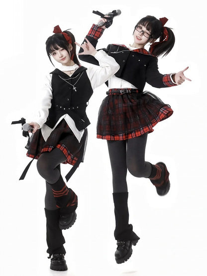 Rock mit Schnalle Mesh Overlay Rot Plaid Muster Gürtel Hexagramm Stickerei Idol