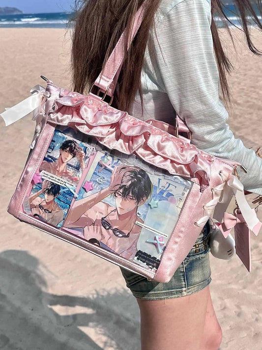 With Satin Ita Card Bag Holder Bow Pink Straps Trims Self-tie Ruffle