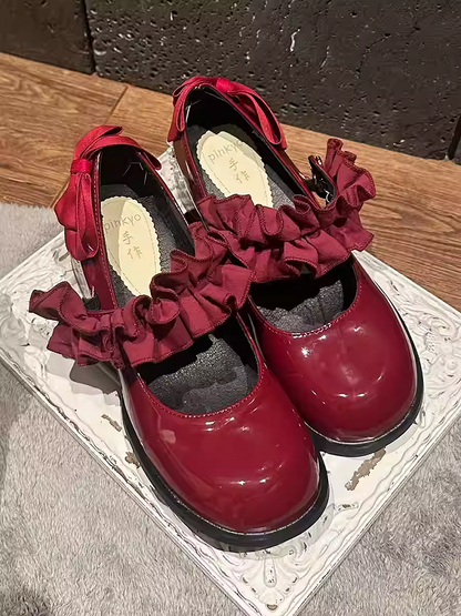 Polished Wine Red Round Toe Ruffle Trim Block Heel Mary Janes with Beaded Chain