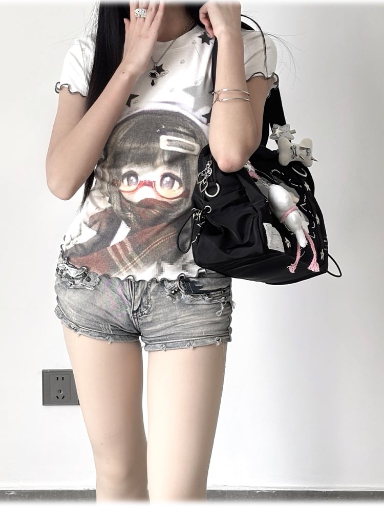 T-shirt Hem Star Print White BJD Ruffled Doll and