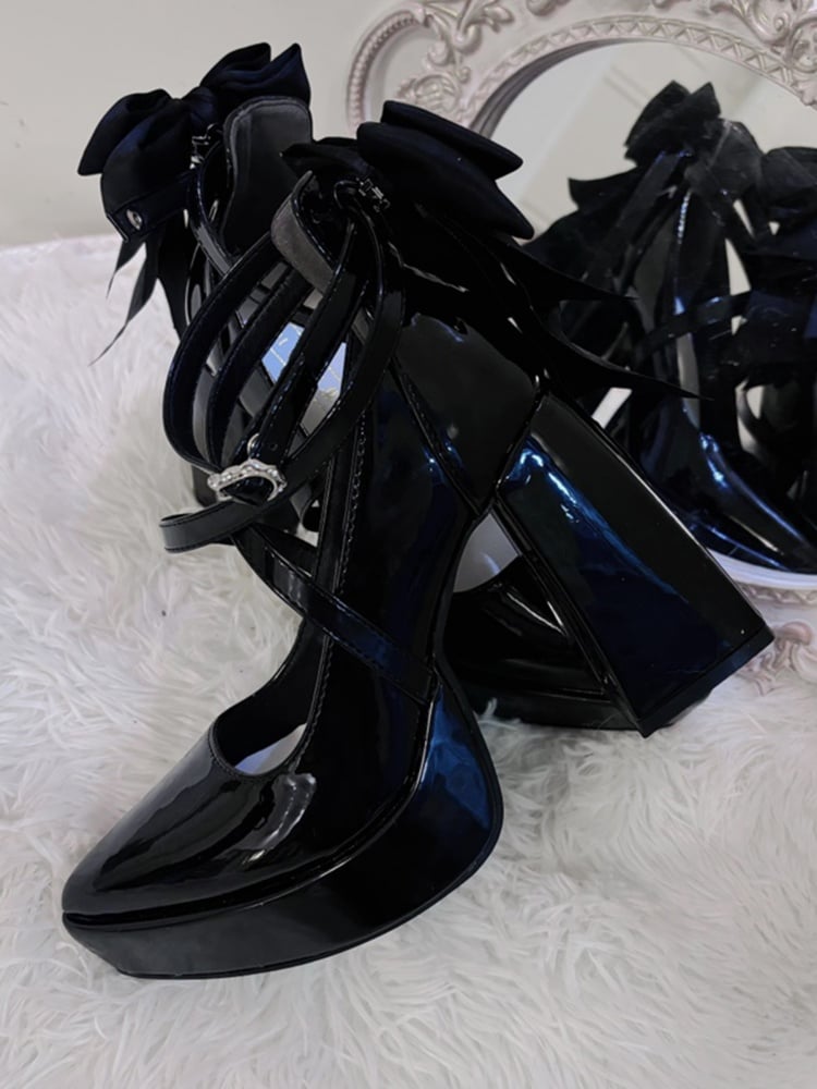 Gothic Black Detachable Bowknot Crisscross Buckle Strap Platform High Block Heels