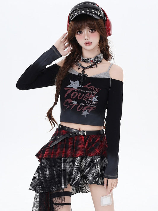 Y2K Black Letters Fake Two-piece Design Cropped Top