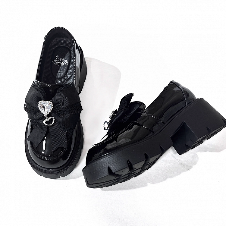 Polished 6cm Jirai with Black Loafers Rhinestone Sweetheart Bow Platform in Kei Heel