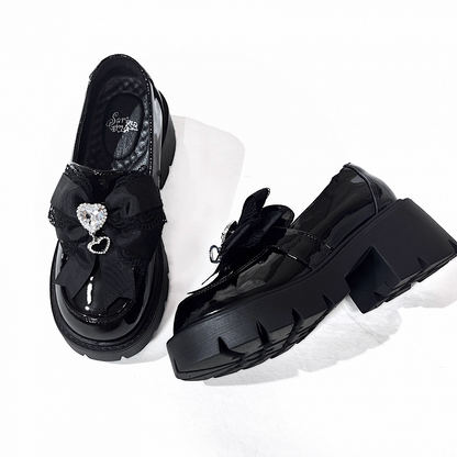 Polished 6cm Jirai with Black Loafers Rhinestone Sweetheart Bow Platform in Kei Heel