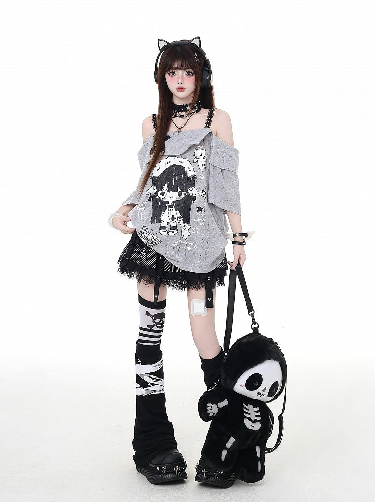 Neckline Girl Print T-Shirt Cartoon Gray/White Off-the-shoulder Criss-cross Design