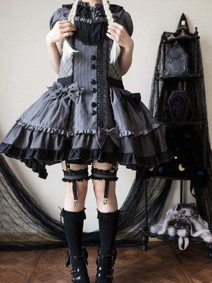 Detachable Bodice Gray Dark Overall Hood Plaid Lolita Ears Bunny Dress with Pattern
