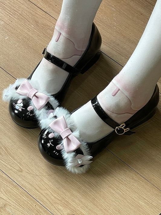 Schnalle Schuhe Bowknot Details Bunny BlackPink Runde Süße Zehe Ohr Plüsch Lolita Strap Mit
