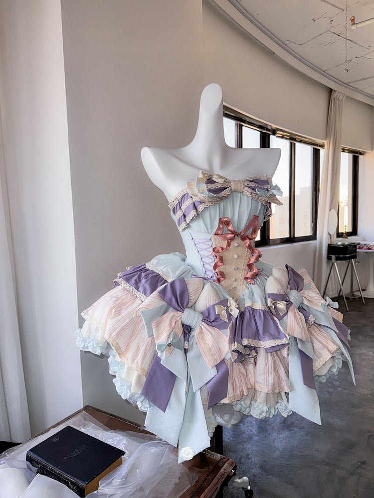 Purple Bowknots Skirt Big Lace-up Basque Waist Tiered Ruffle Sweet Lolita Dress and with Blue on