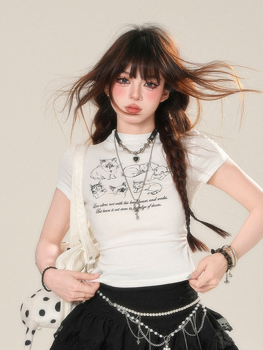 T-Shirt White Kitty Print Glamorous Slim-fitting