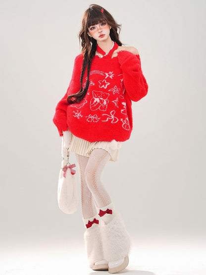 Red Bears and Stars Halter Neck Loose Sweater with Free Scarf