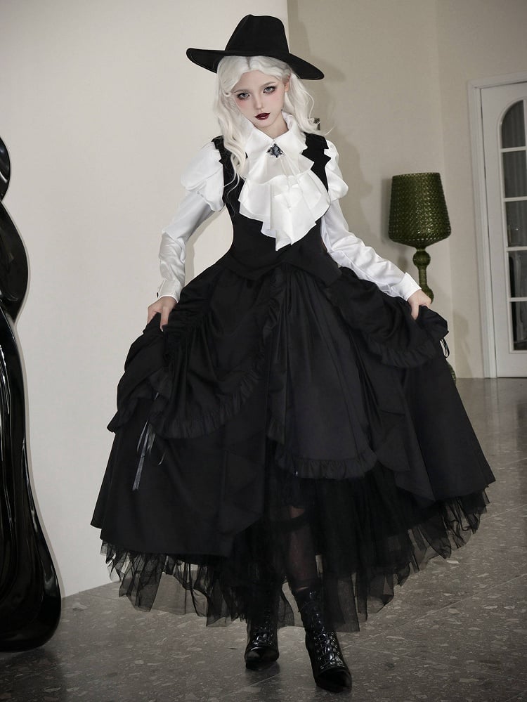 White Jabot Bat Wings Shape Collar Long Sleeves Shirt