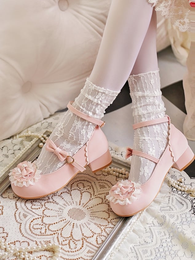 Toe Trim Heart Top Lace Bow Pink at Baby Buckles Lolita Round