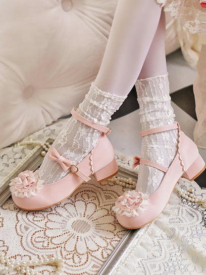 Toe Trim Heart Top Lace Bow Pink at Baby Buckles Lolita Round