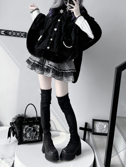 Design Detachable Plush Cape Bowknots Hood Jirai Kei Black Bunny Ears