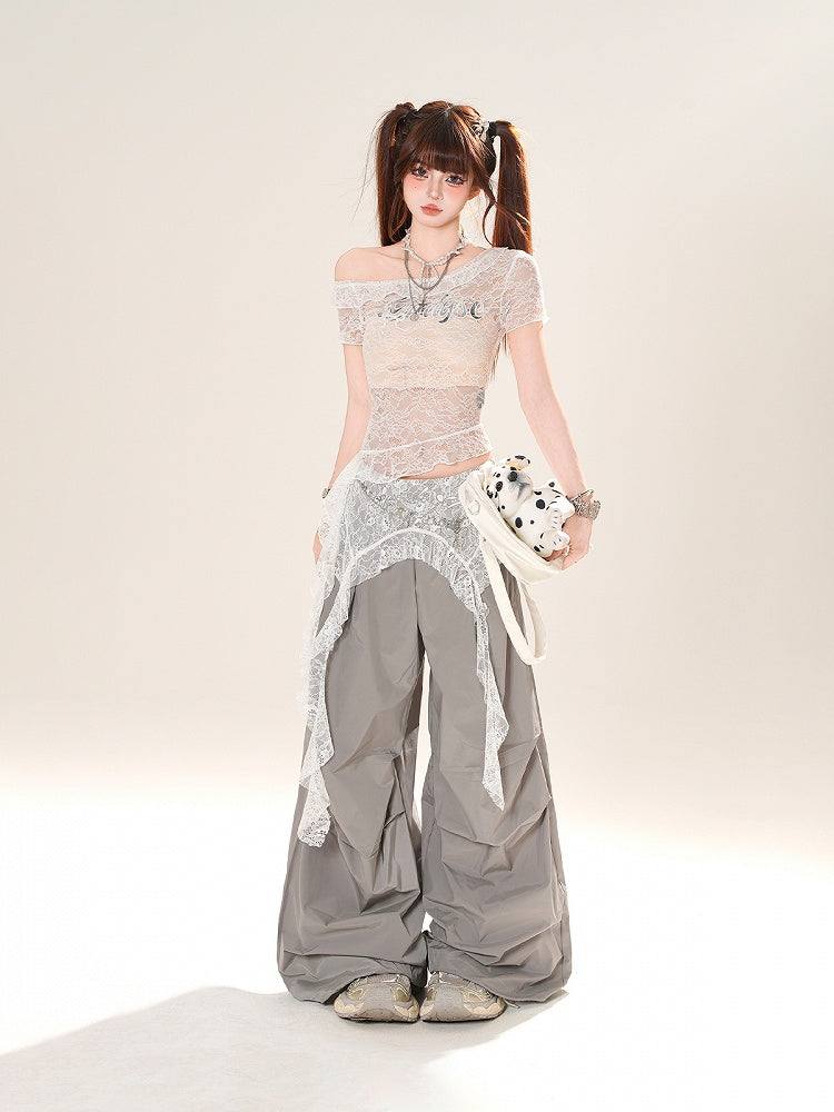 White Asymmetrical Neckline Cascading Ruffle Accent Lace Overtop