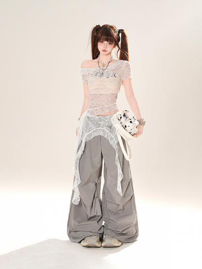 White Asymmetrical Neckline Cascading Ruffle Accent Lace Overtop