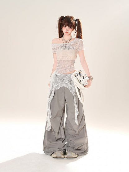 Gray/Black Low Light Rise Wide-Leg Pants with Waist Lace Accessory