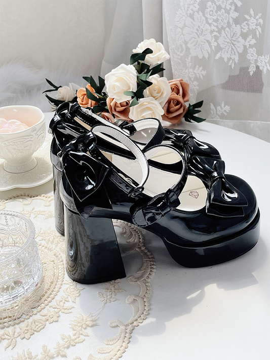 Black Bowknot Platform High Block Heels Lolita Shoes