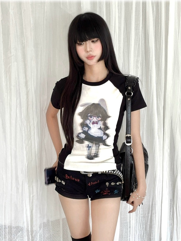 White Colorblock Design Black Anime Girl Print T-Shirt and