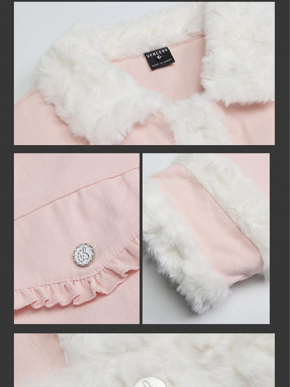 Pink/Camel Polo Collar Plush Trim Thick Jacket